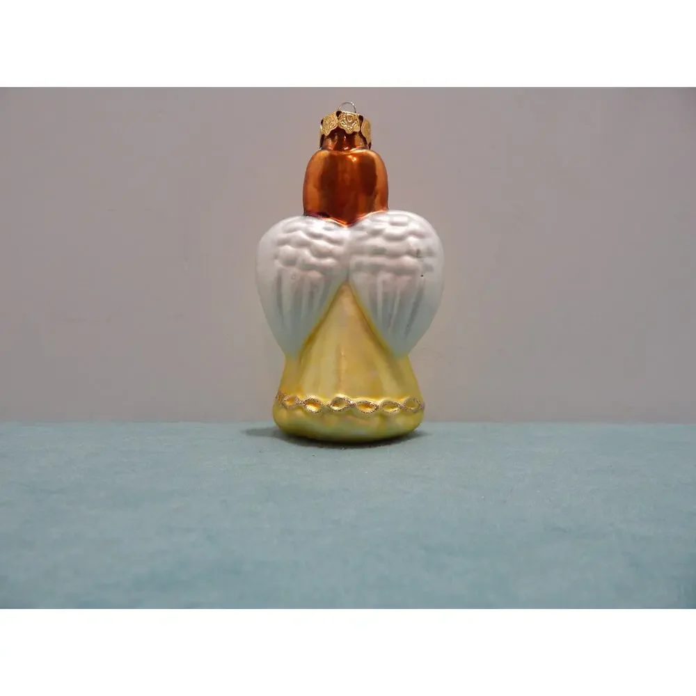 VTG Christmas Tree Ornament Blown Glass Angle with Harp Yellow with White Wings